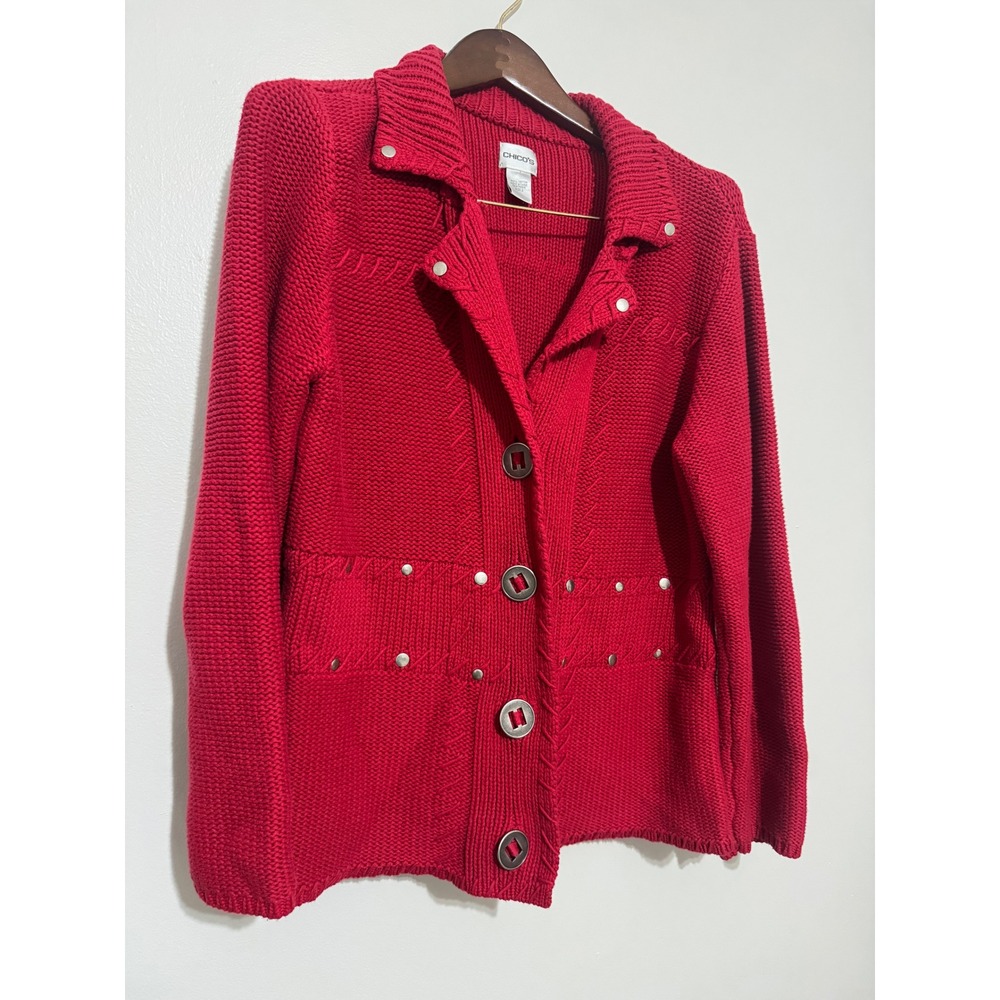 Chicos Red Cotton Chunky Knit Studded Button Front Cardigan Jacket Size 2 L